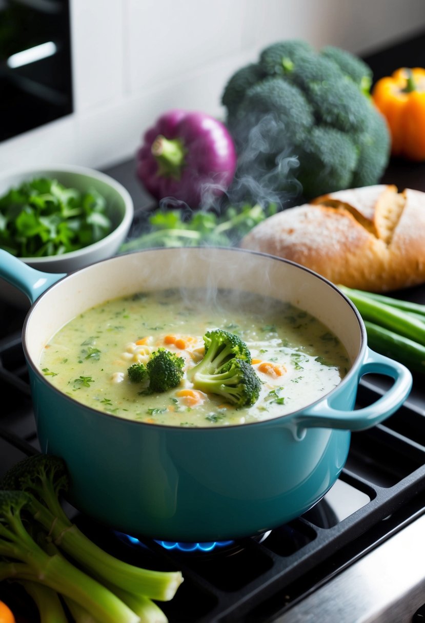 A steaming pot of broccoli and Stilton soup simmers on the stove, surrounded by fresh vegetables and a loaf of crusty bread