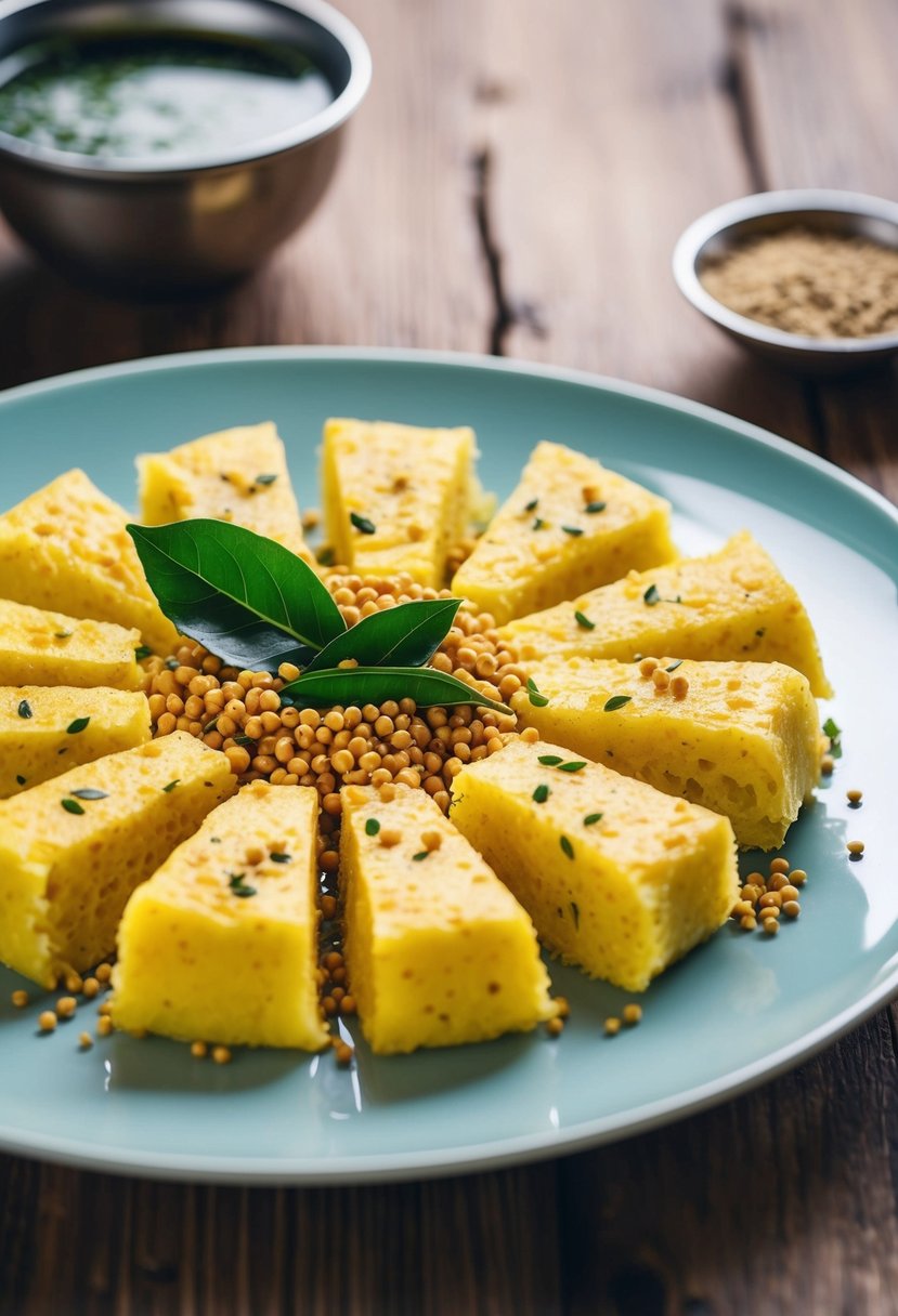 A plate of steamed dhokla topped with mustard seeds and curry leaves