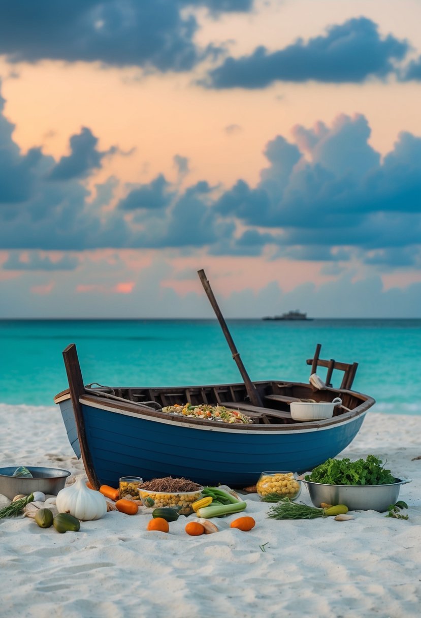 A shipwrecked boat surrounded by casserole ingredients washed up on a deserted island