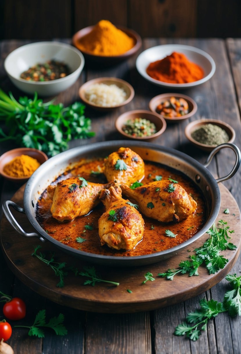 A sizzling tandoori chicken dish on a rustic wooden table, surrounded by colorful spices and fresh herbs