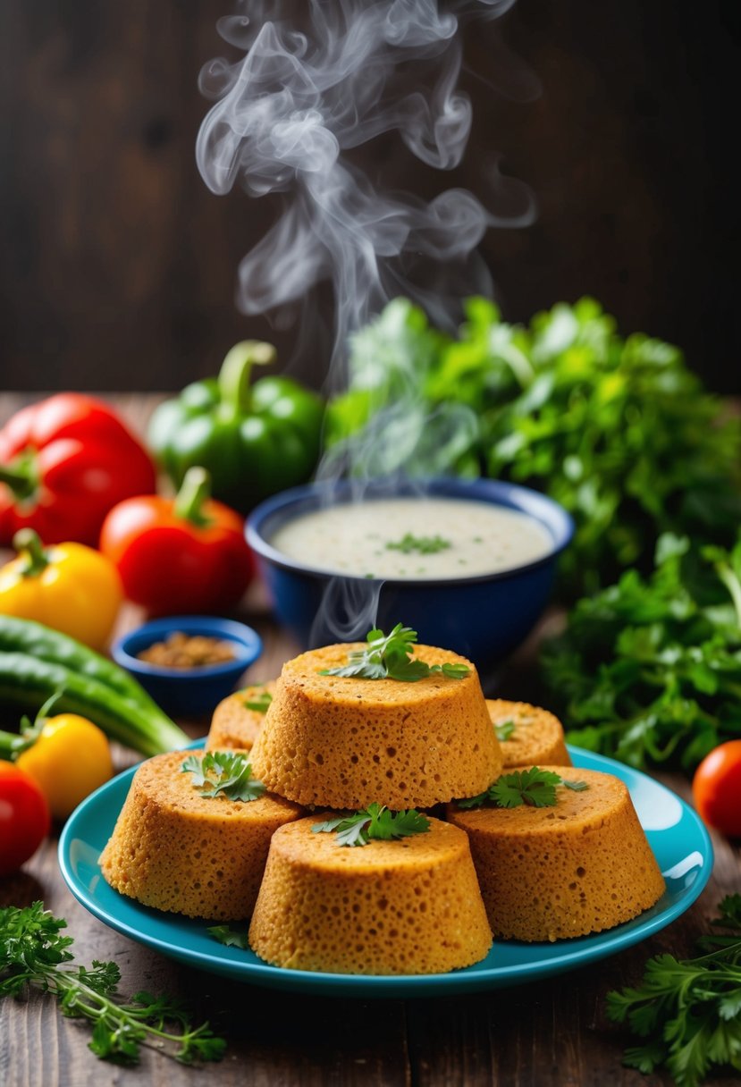 A table set with steaming whole wheat dhokla, surrounded by colorful, fresh vegetables and herbs