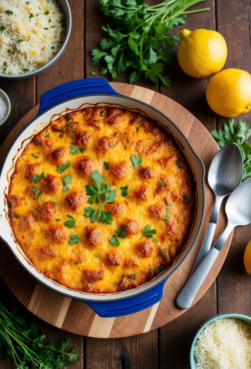 A bubbling casserole dish, golden brown on top, sits on a wooden table surrounded by fresh ingredients like rice, cheese, and herbs