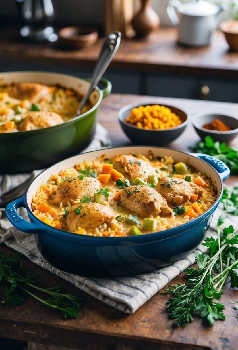 A bubbling casserole dish filled with creamy chicken, rice, and vegetables, surrounded by fresh herbs and spices on a rustic kitchen counter