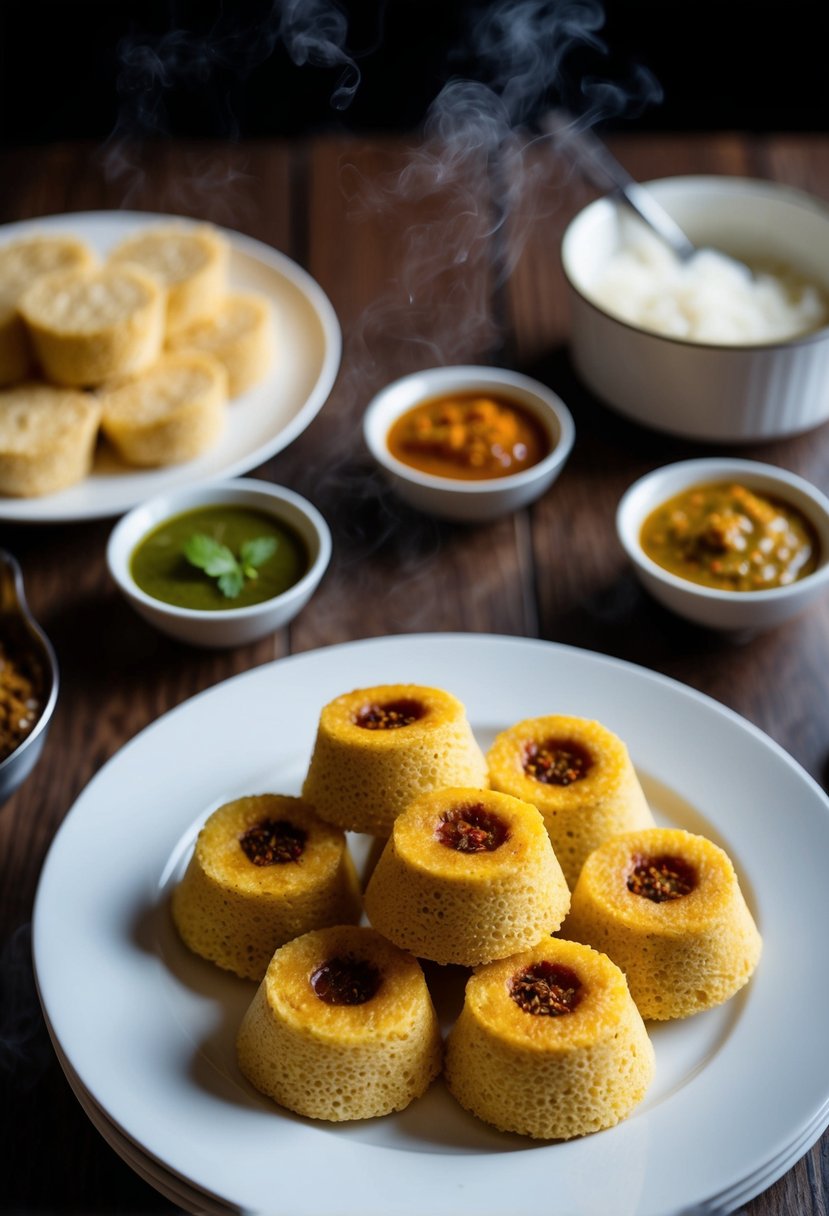 A table set with steaming Besan and Sooji dhokla, accompanied by chutney and spices