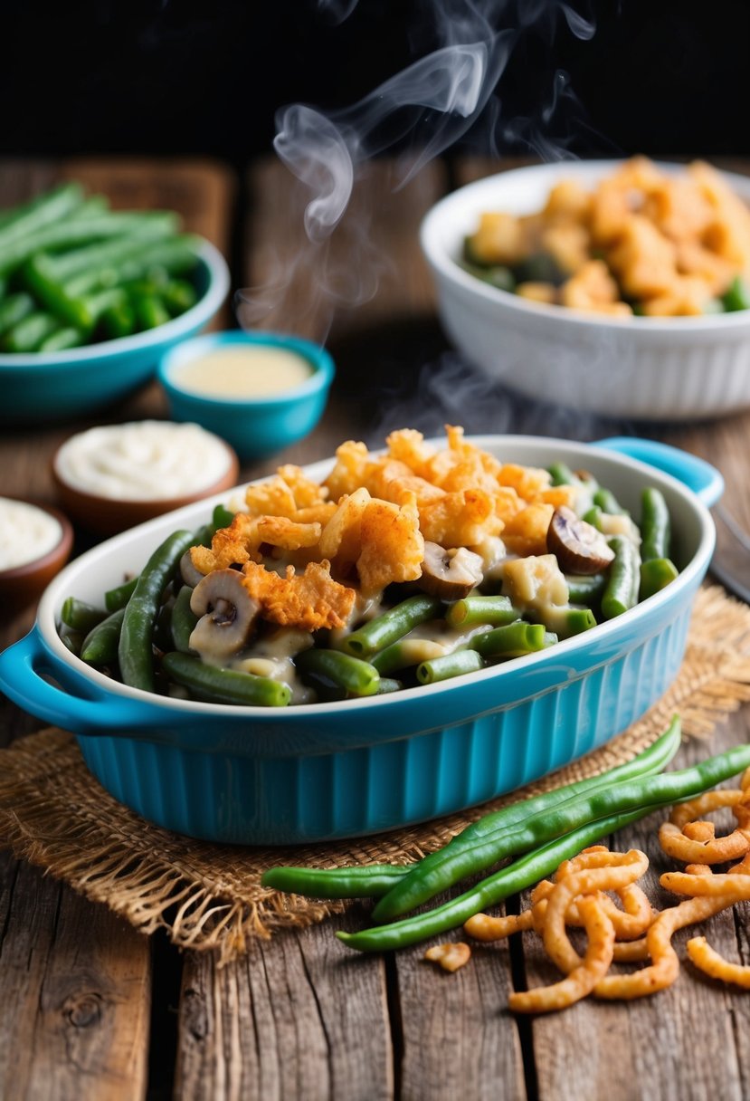 A steaming green bean casserole sits on a rustic wooden table surrounded by fresh ingredients like green beans, cream of mushroom soup, and crispy fried onions