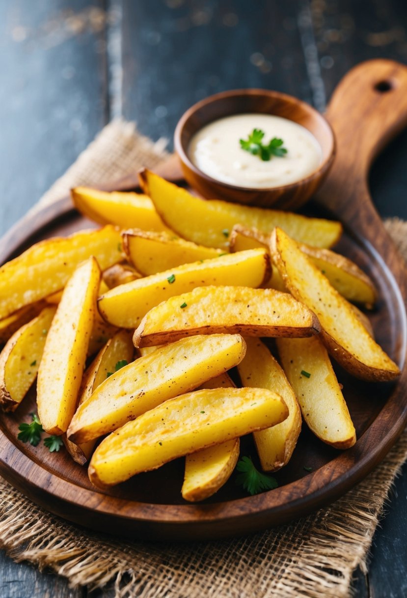 Golden potato wedges arranged on a rustic wooden platter with a side of dipping sauce