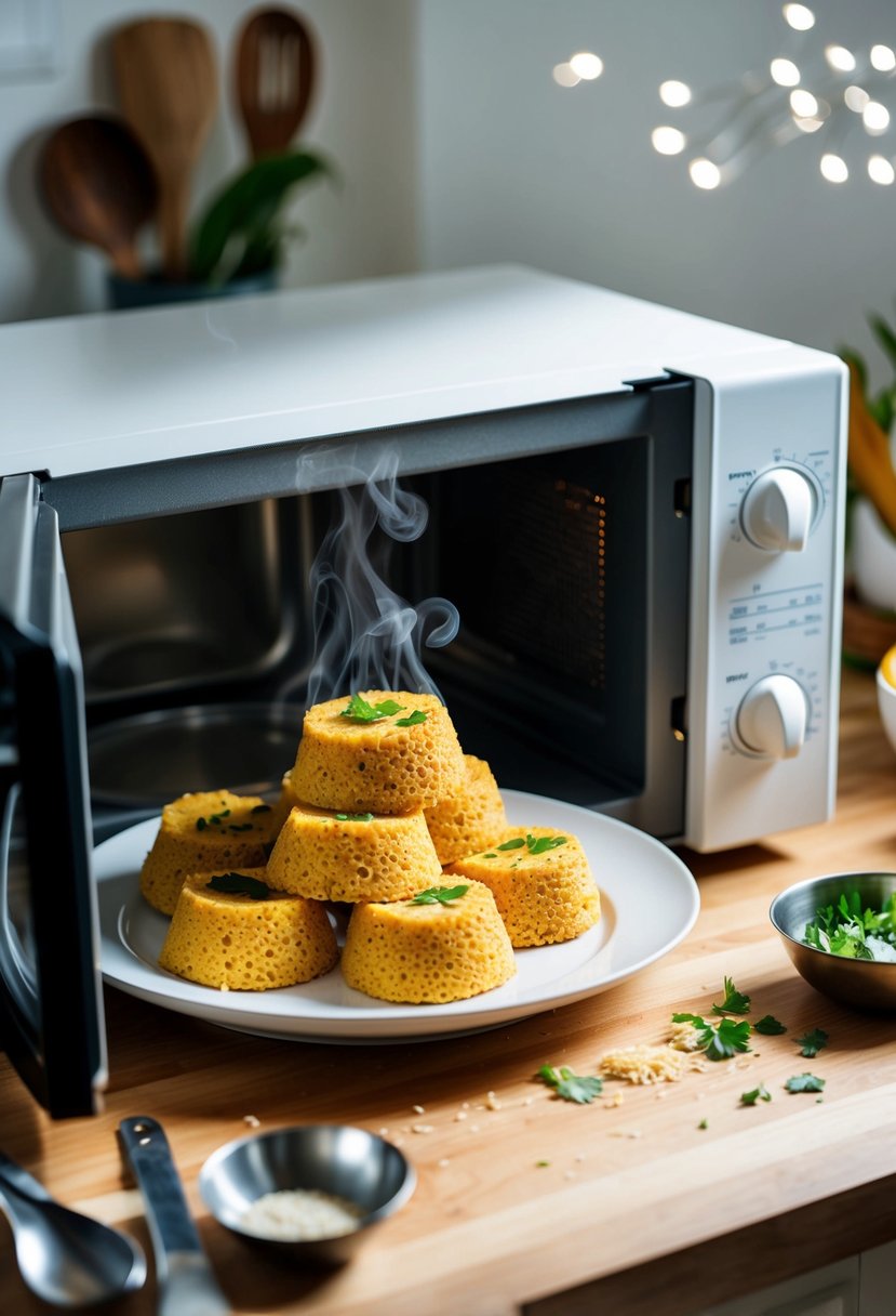 A steaming plate of dhokla sits inside a microwave, surrounded by a few scattered ingredients and utensils on the kitchen counter