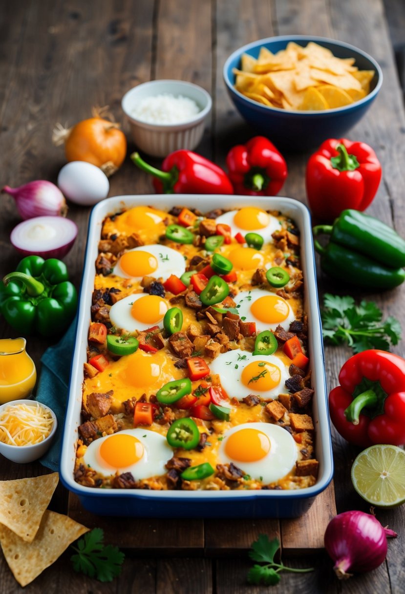 A colorful spread of Mexican breakfast casserole ingredients arranged on a rustic wooden table. Onions, peppers, eggs, cheese, and tortilla chips are visible