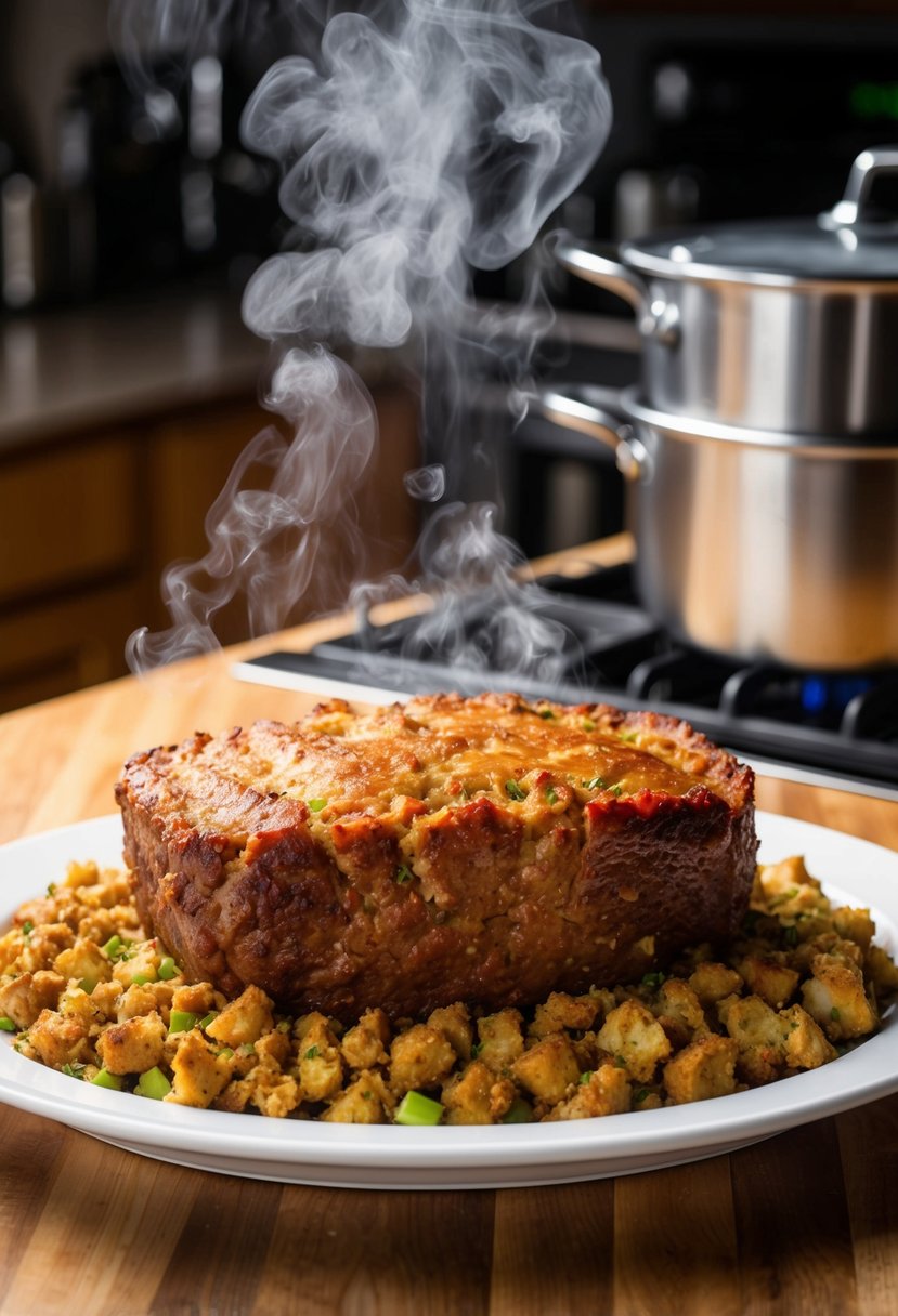 A golden-brown meatloaf sits on a white platter, surrounded by a bed of savory Stove Top stuffing. Steam rises from the dish, filling the kitchen with a mouthwatering aroma