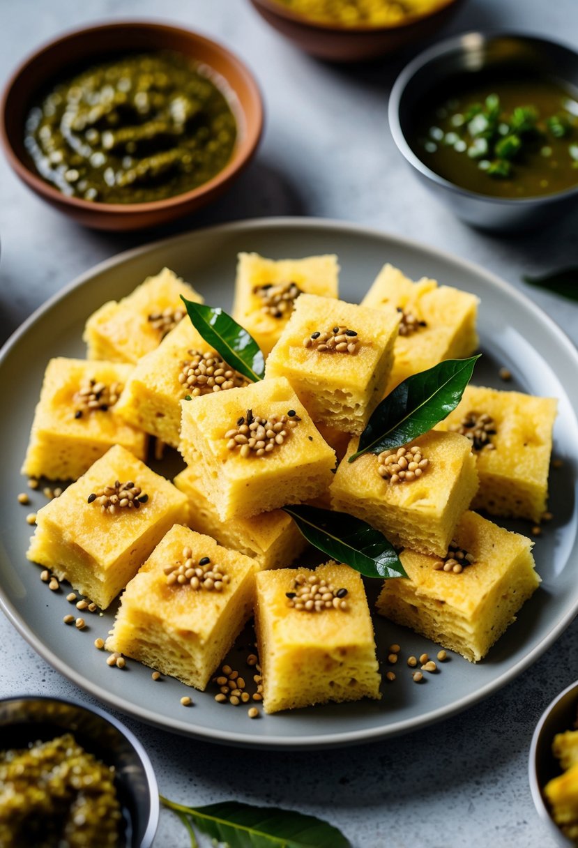 A plate of golden, spongy dhokla topped with mustard seeds and curry leaves, surrounded by small bowls of chutney and pickles