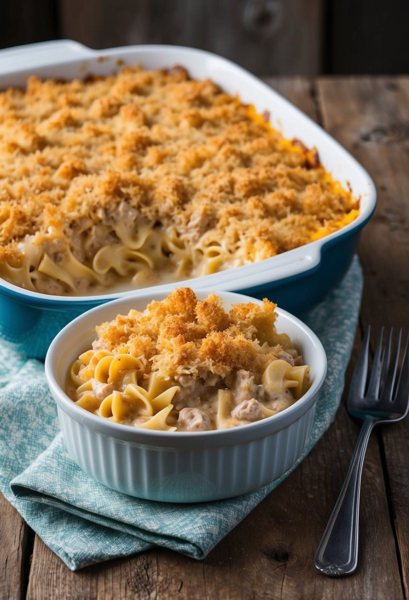 A bubbling casserole dish filled with creamy tuna noodle casserole, topped with a golden brown breadcrumb crust, sitting on a rustic wooden table