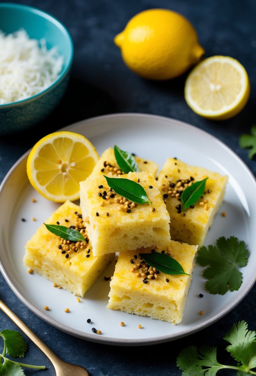 A plate of lemon-infused dhokla topped with mustard seeds and curry leaves, surrounded by a few slices of fresh lemon and a sprig of cilantro