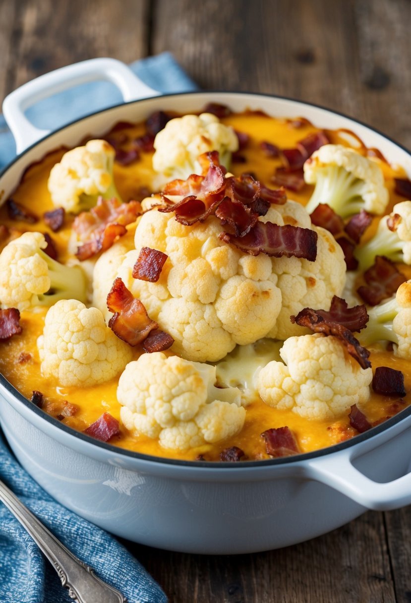 A bubbling casserole dish filled with creamy cauliflower, topped with crispy bacon and melted cheese, sits on a rustic wooden table