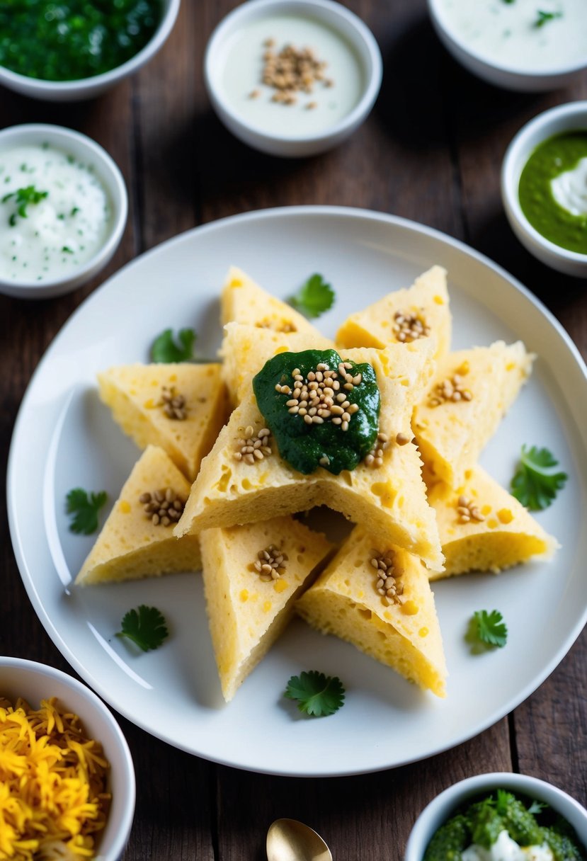 A plate of soft dhokla topped with green chutney and mustard seeds, surrounded by small bowls of various curd-based toppings