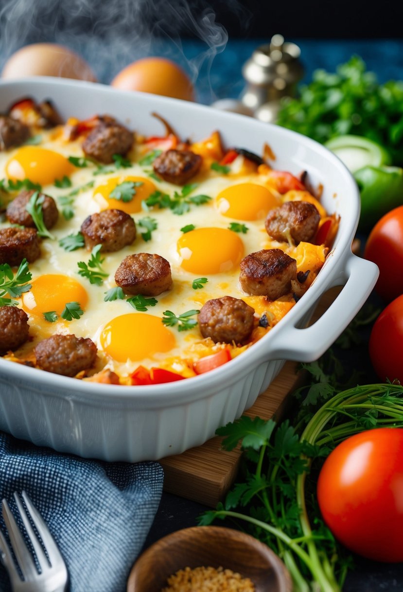 A steaming casserole dish filled with layers of eggs, sausage, and melted cheese, surrounded by fresh herbs and colorful vegetables