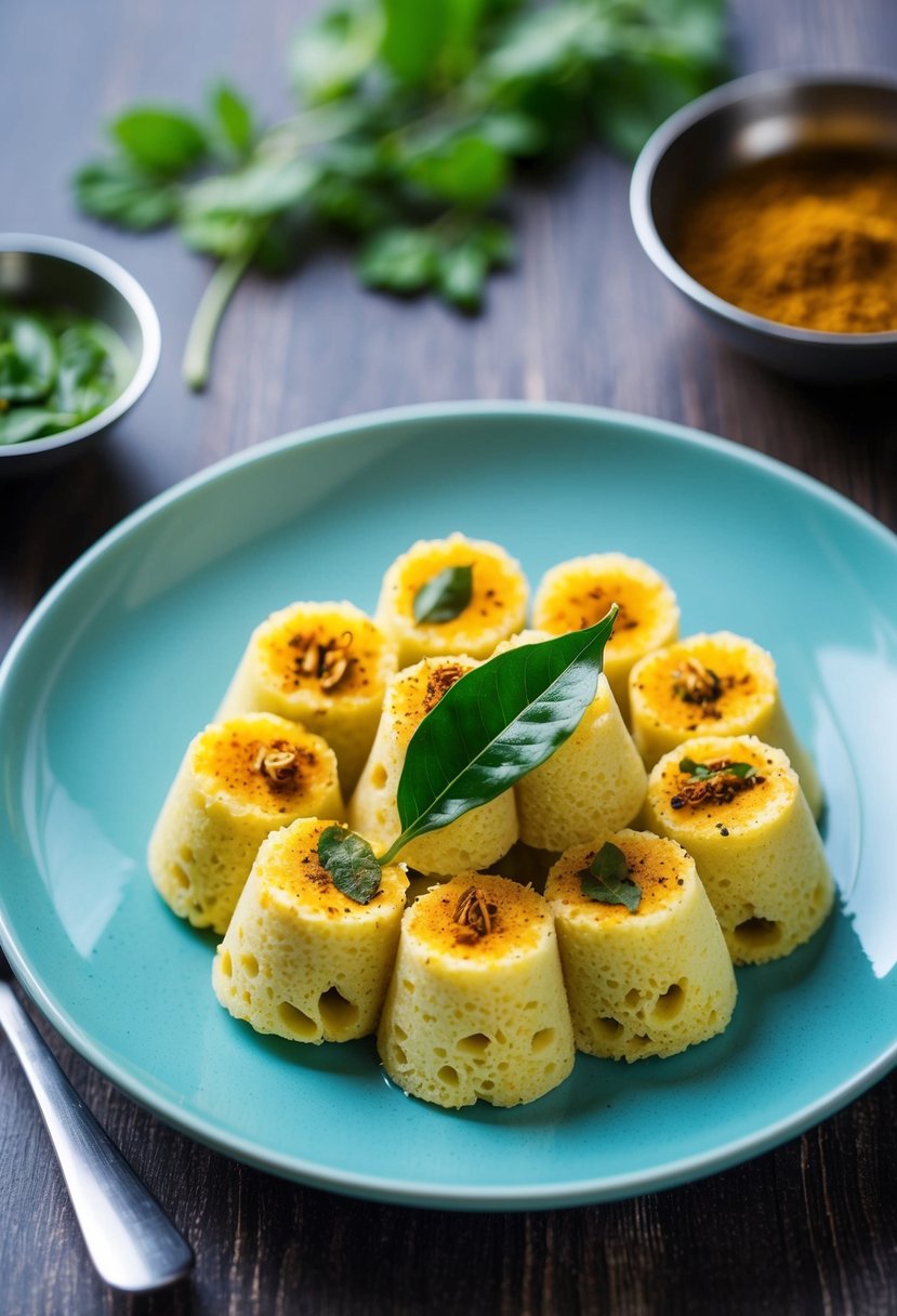 A plate of steamed dhokla garnished with curry leaves and spices