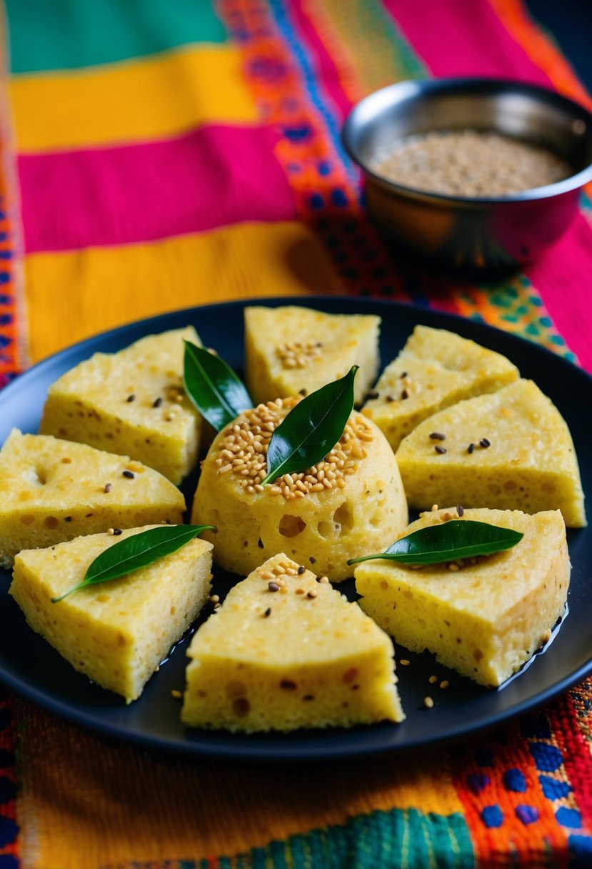 A steaming plate of freshly made Jhatpat Dhokla, garnished with mustard seeds and curry leaves, sits on a colorful, patterned tablecloth