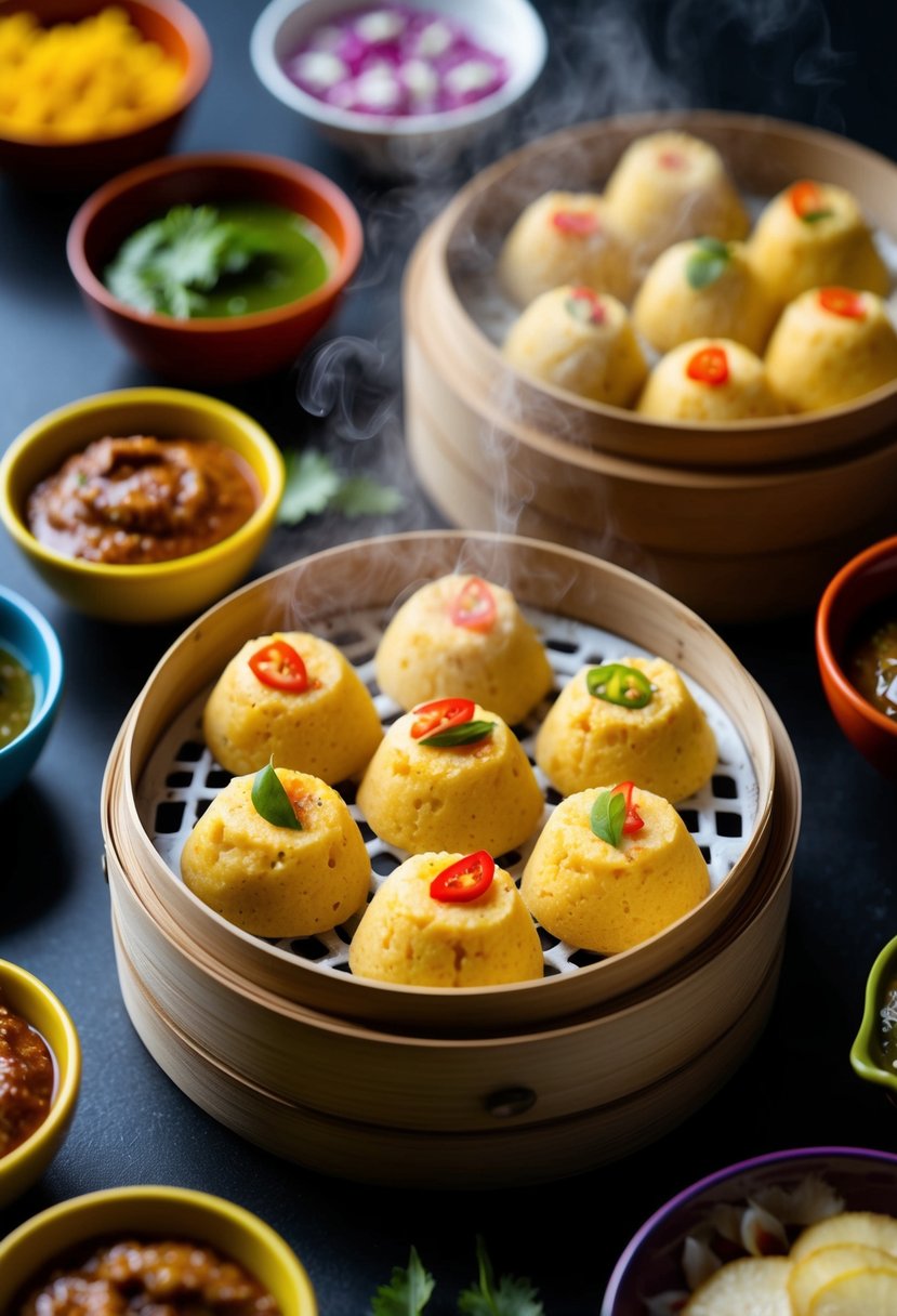 A table set with a steaming bamboo steamer filled with fluffy ginger and chili dhoklas, surrounded by colorful bowls of chutney and garnishes