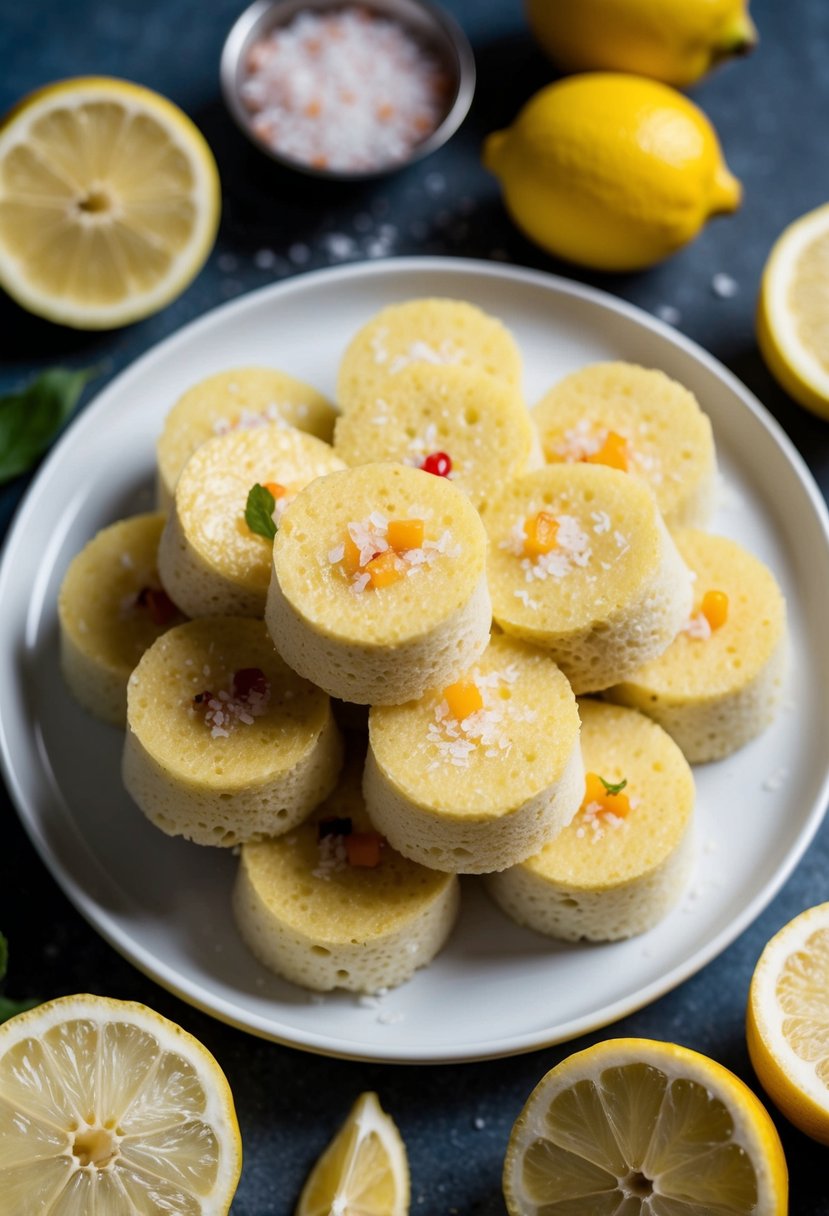 A plate of steamed dhokla with a sprinkle of fruit salt on top, surrounded by a few whole and sliced lemons