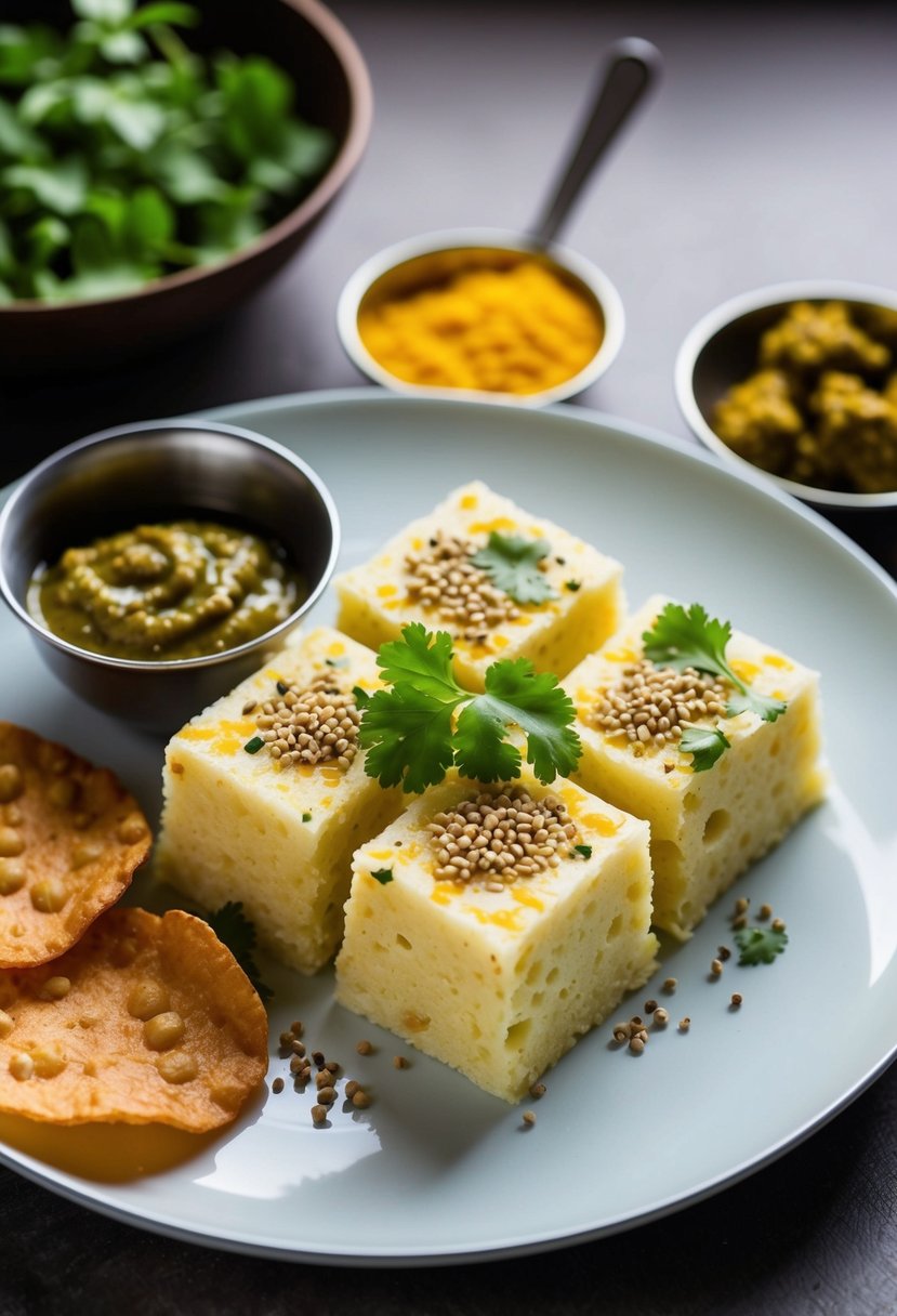 A plate of steamed dhokla topped with mustard seeds and fresh cilantro, served with tangy chutney and a side of crispy papadums