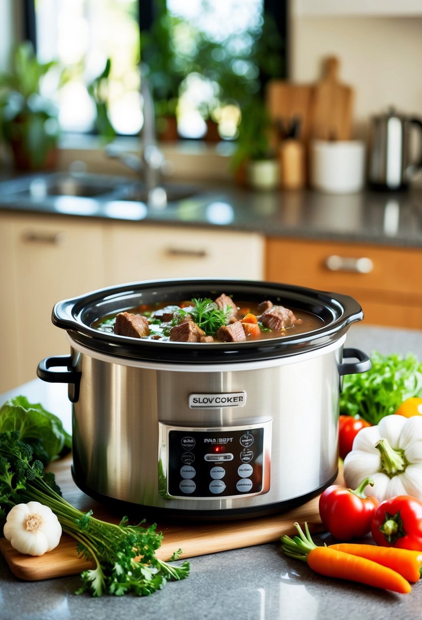 A slow cooker filled with simmering beef stew, surrounded by fresh vegetables and herbs on a kitchen counter