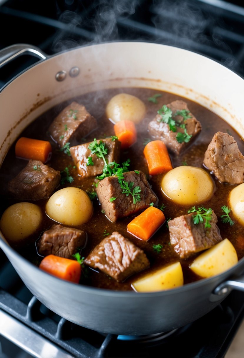 A steaming pot of beef stew simmering on a stovetop, with chunks of tender meat, carrots, and potatoes, all bathed in a rich red wine gravy