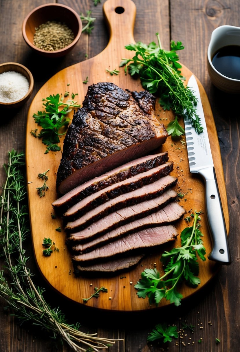 A rustic wooden cutting board with sliced smoked brisket, surrounded by fresh herbs and spices