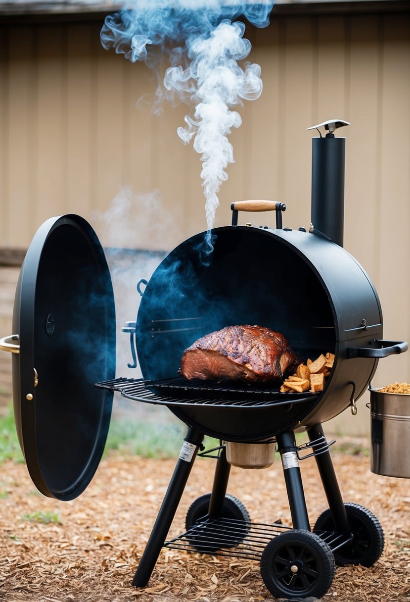 A large Texas-style smoker billowing smoke, with a juicy brisket cooking on the grill, surrounded by aromatic wood chips and spices