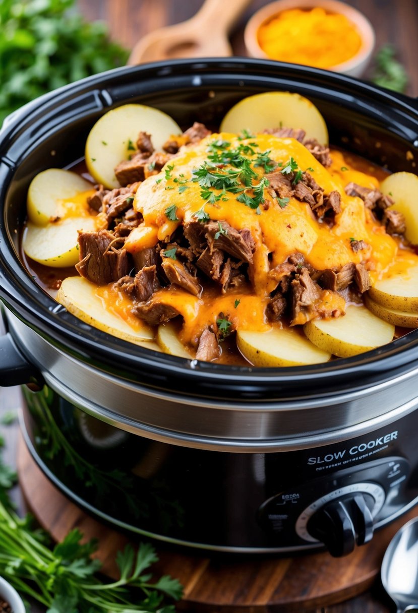 A slow cooker filled with layers of cheesy beef, sliced potatoes, and savory sauce, surrounded by fresh herbs and spices