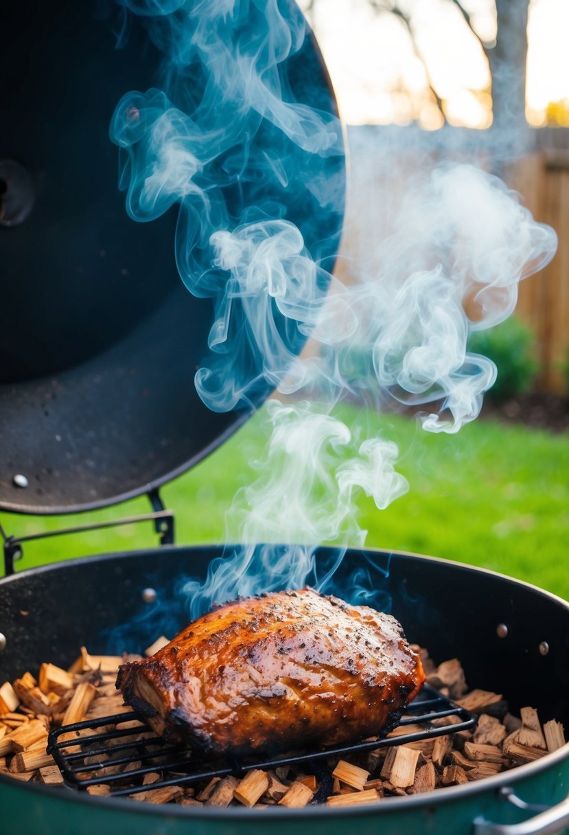 A backyard smoker billows fragrant smoke as a juicy brisket cooks low and slow over smoldering wood chips