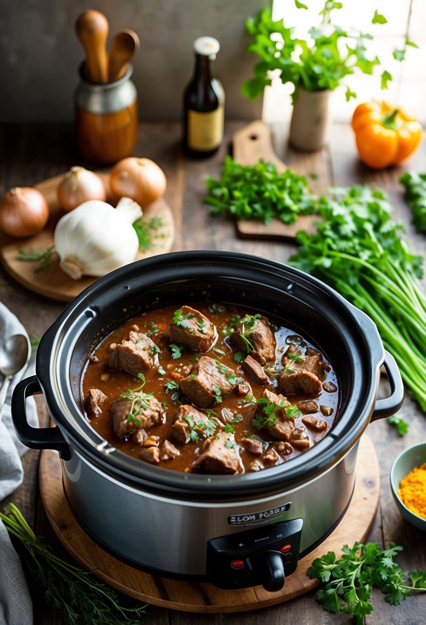 A rustic kitchen with a bubbling slow cooker filled with rich and savory Beef Bourguignon, surrounded by fresh herbs and vegetables