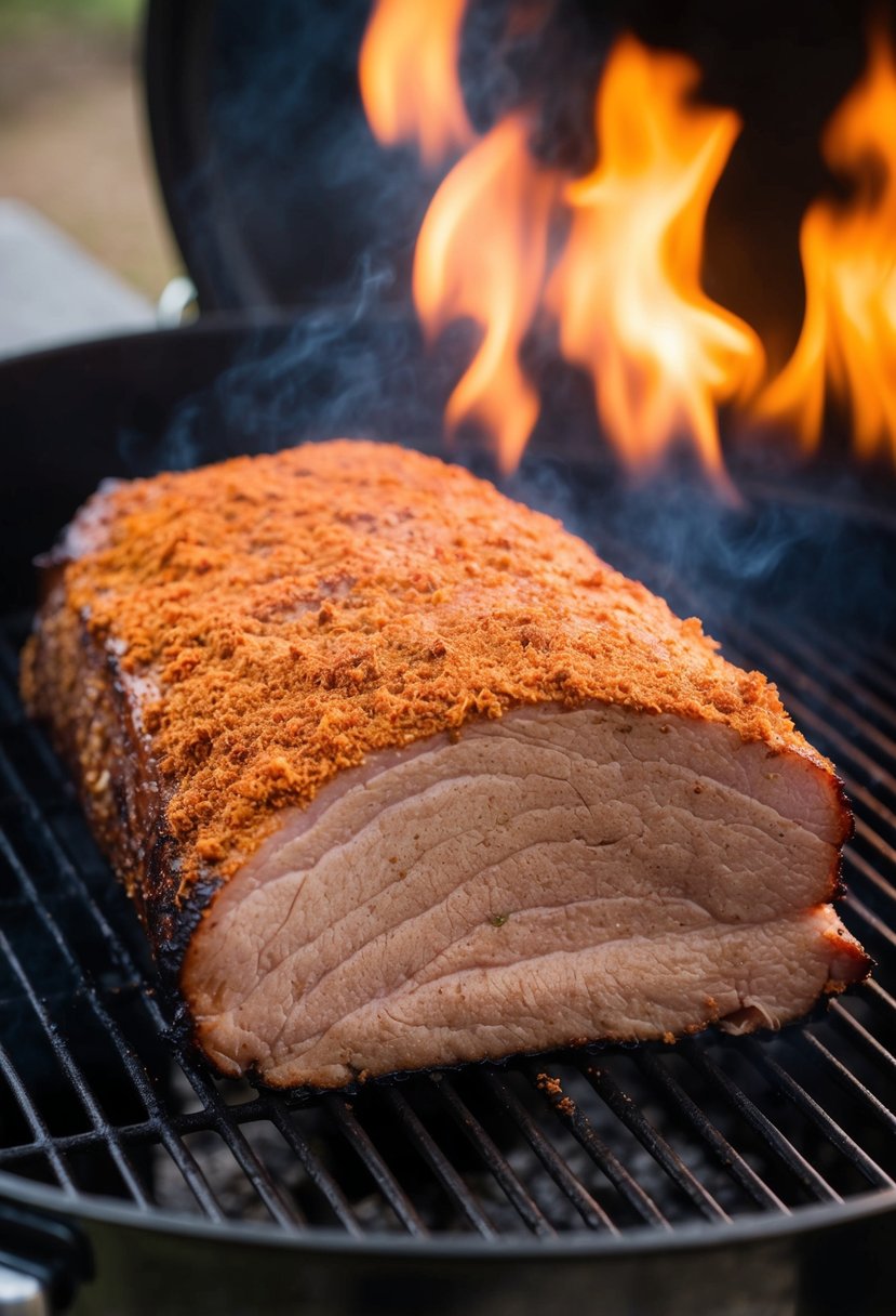 A large brisket covered in a signature spicy rub, resting on a smoker grill