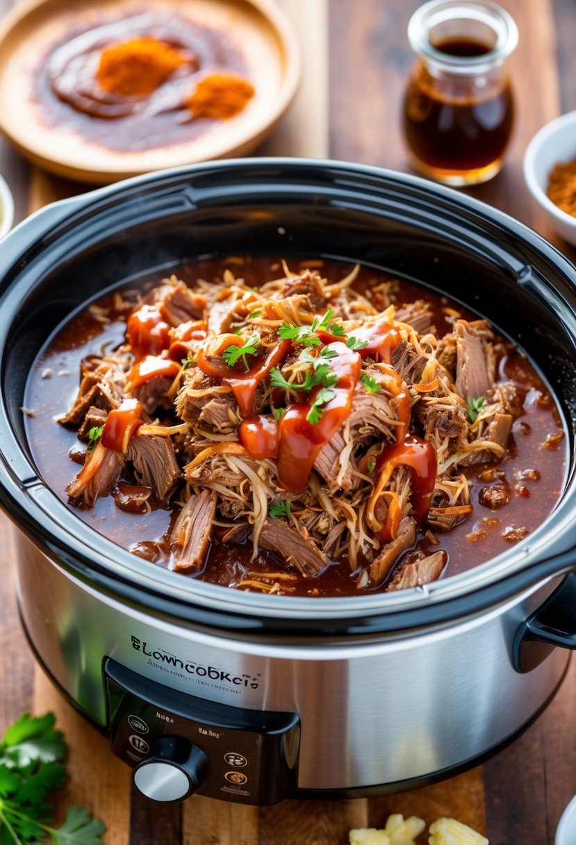 A slow cooker filled with tender, juicy pulled beef brisket surrounded by barbecue sauce and aromatic spices