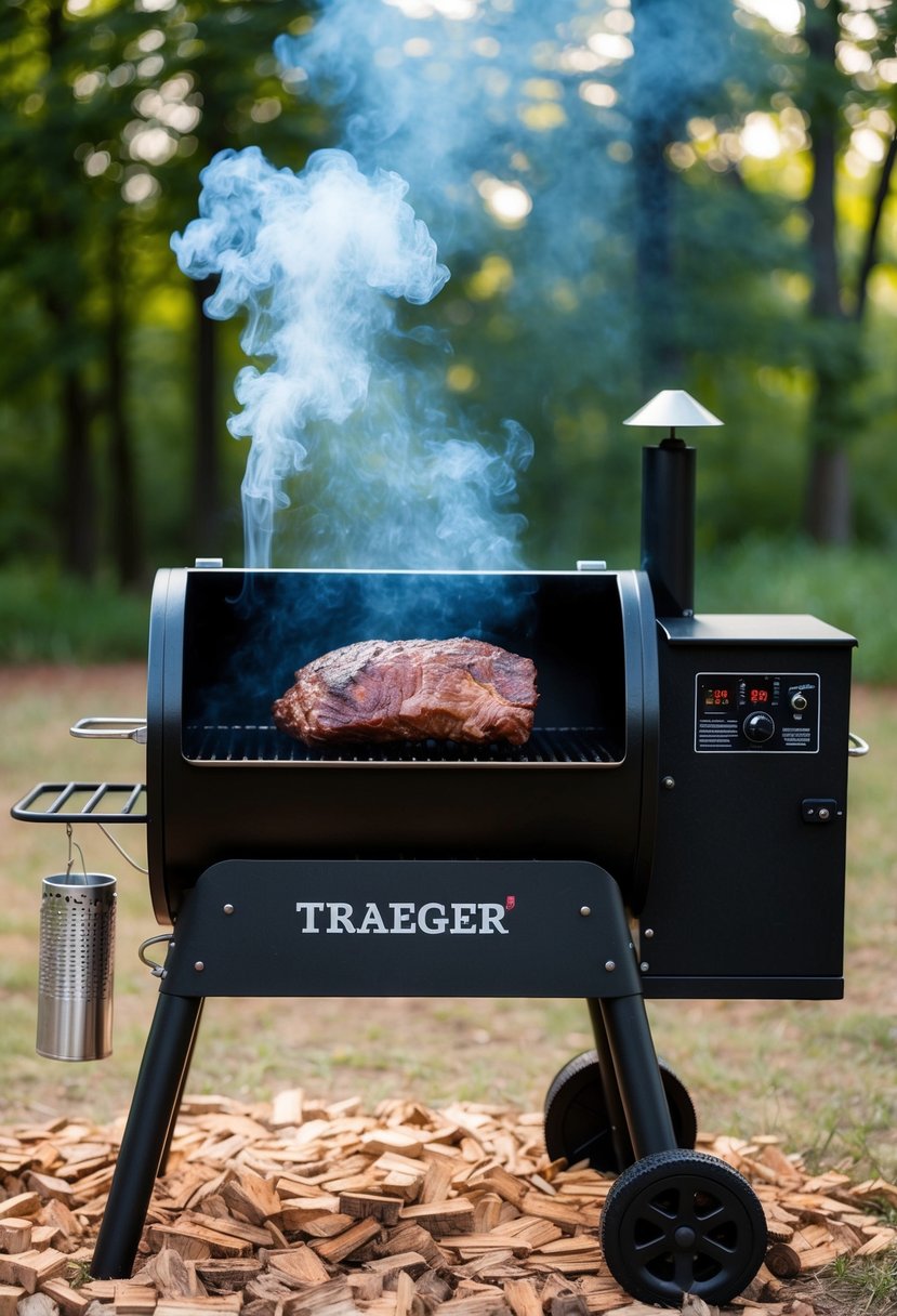 A Traeger smoker surrounded by wood chips, with a beef brisket placed on the grill, smoke billowing out as it cooks