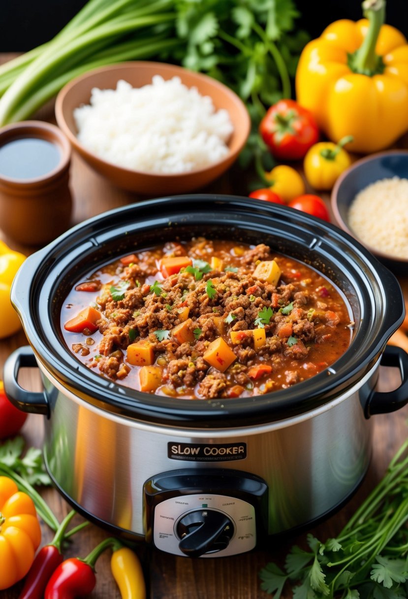 A bubbling slow cooker filled with savory ground beef chili, surrounded by vibrant vegetables and spices