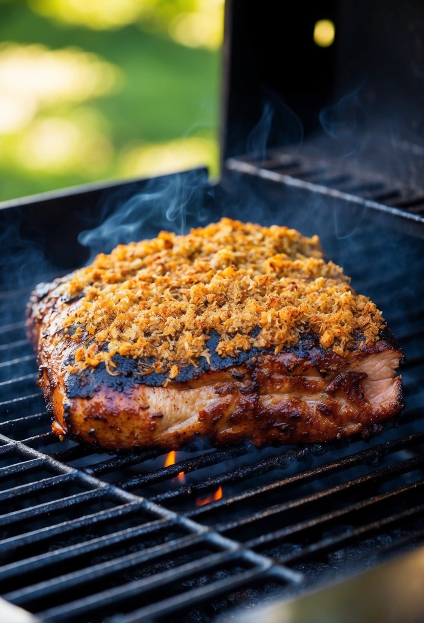 A juicy brisket covered in a savory garlic and paprika rub, smoking on a grill