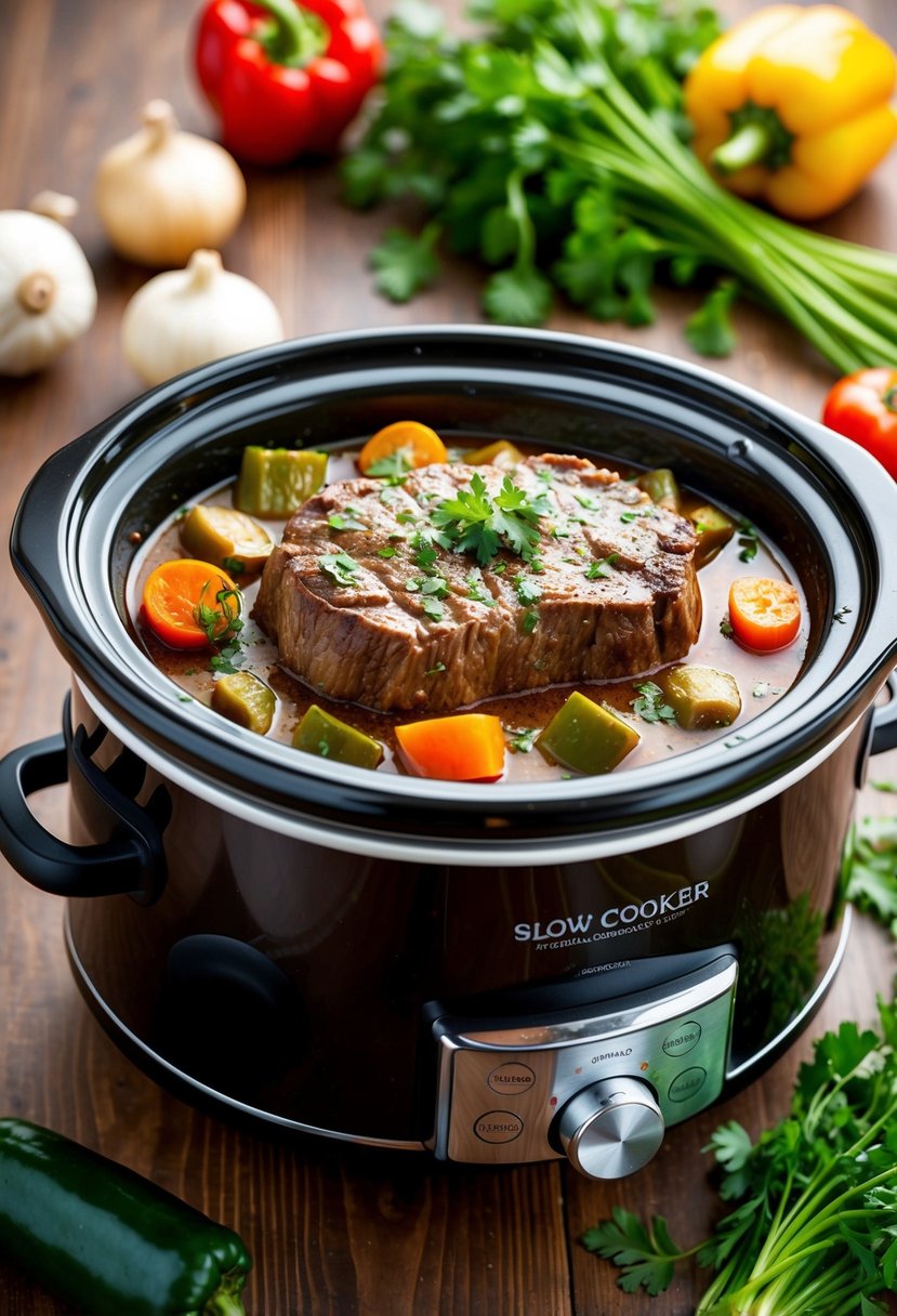 A slow cooker filled with pepper steak, surrounded by fresh vegetables and herbs, simmering in savory sauce