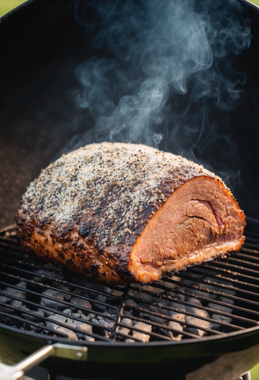 A large brisket coated in kosher salt and black pepper, smoking on a grill