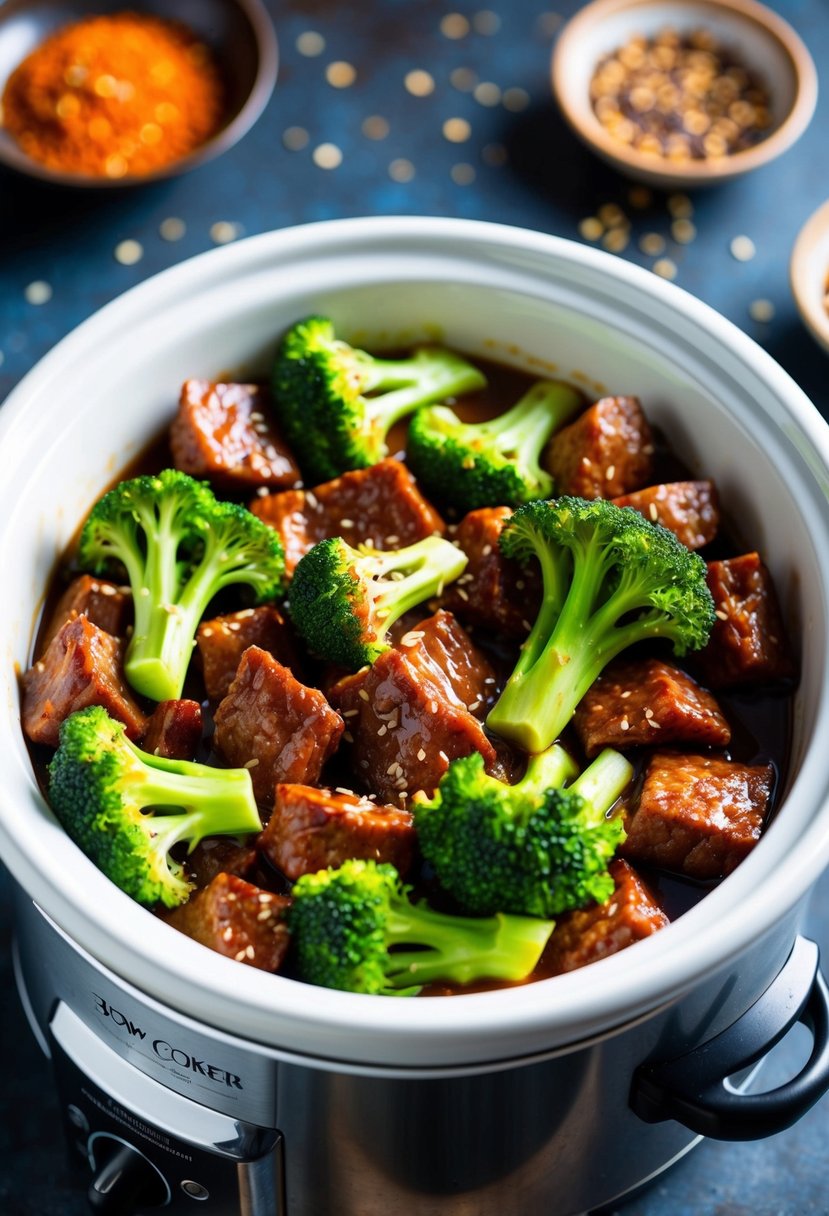 A slow cooker filled with tender chunks of teriyaki beef and vibrant green broccoli, surrounded by the rich aroma of savory Asian spices