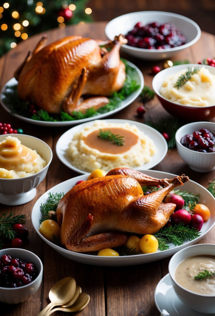 A festive table set with traditional Christmas dinner recipes, including roast turkey, mashed potatoes, cranberry sauce, and a steaming bowl of gravy