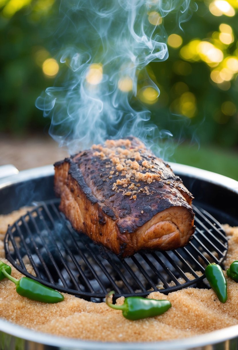 A large brisket smoking on a grill, surrounded by turbinado sugar and green chilies