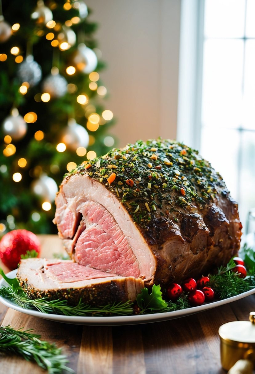 A succulent prime rib roast, encrusted with fragrant herbs, garnished with festive holiday decorations