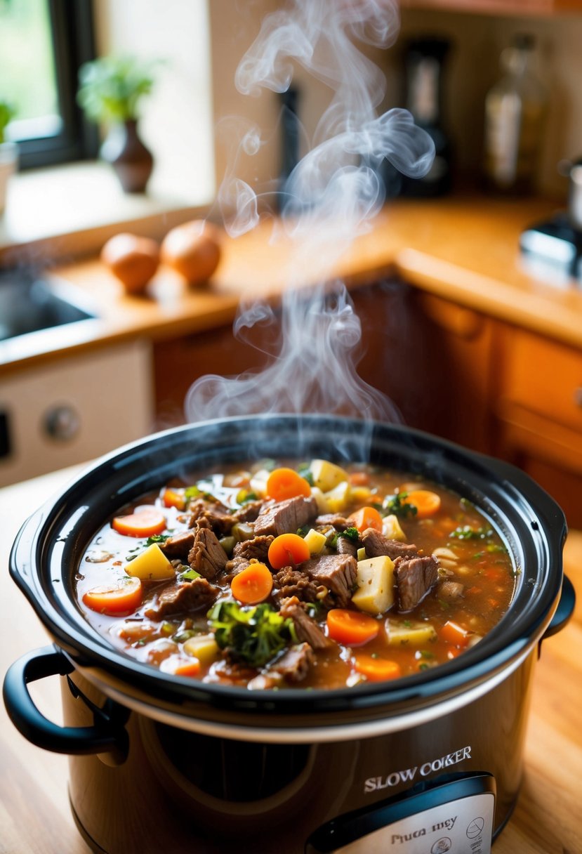 A bubbling slow cooker filled with hearty beef and vegetable soup, steam rising from the pot as the rich aroma fills the kitchen