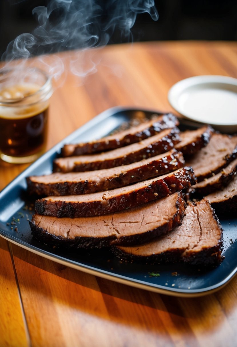 A platter of perfectly sliced barbecue brisket with a smoky aroma