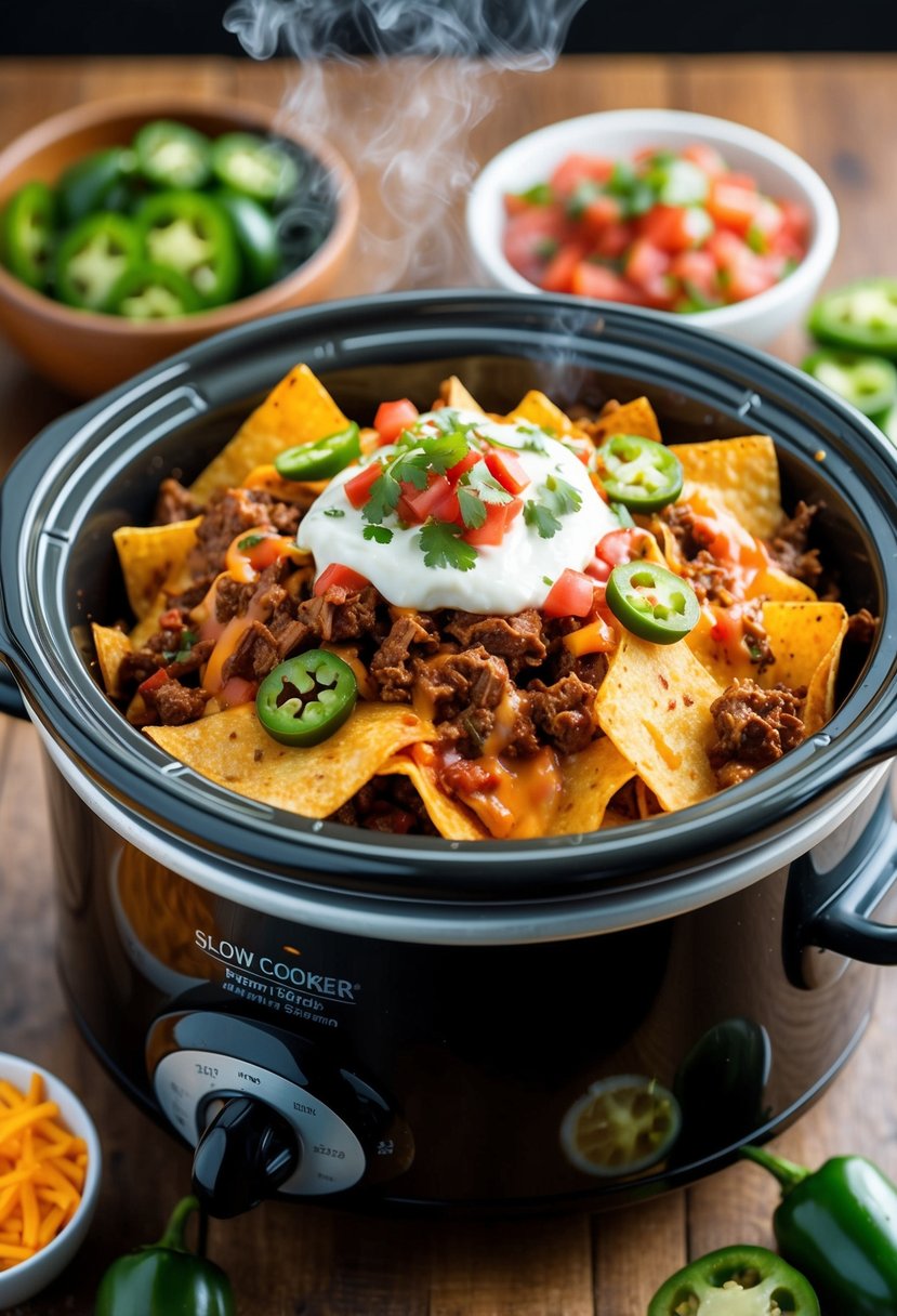 A steaming slow cooker filled with spicy Tex-Mex beef nachos, topped with melted cheese, jalapenos, and fresh salsa