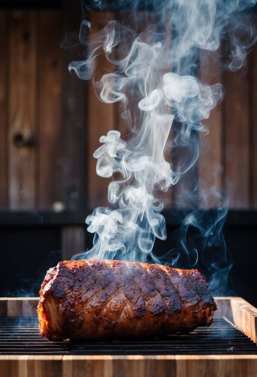 A rustic wooden smoker emits fragrant smoke, enveloping a succulent beef brisket as it slowly cooks over a bed of hardwood