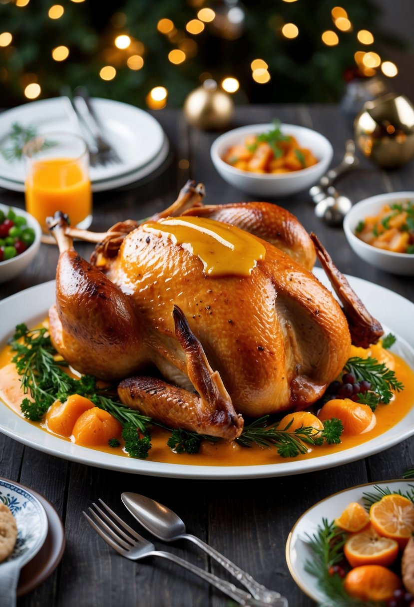 A golden-brown roast duck glistening with orange sauce, surrounded by festive garnishes and accompanied by seasonal side dishes