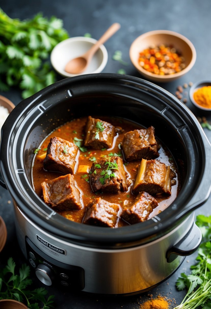 A slow cooker filled with Asian-style beef short ribs simmering in a savory sauce, surrounded by aromatic spices and herbs