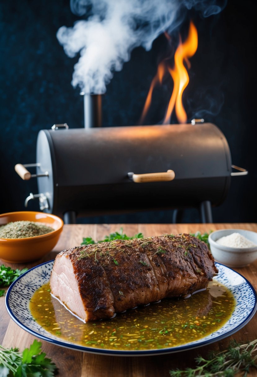 A large brisket sitting in a shallow dish of marinade, surrounded by herbs and spices, with a smoker billowing in the background