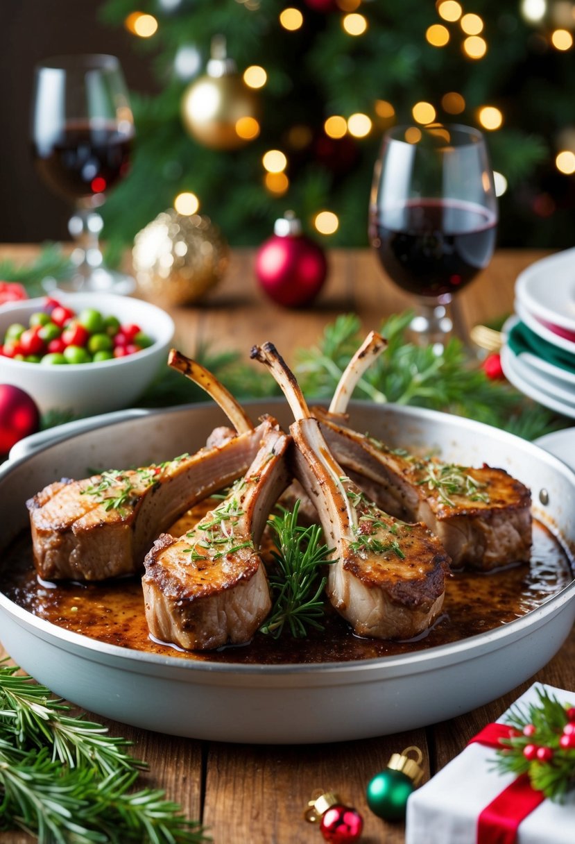 A platter of sizzling herbed lamb chops surrounded by festive Christmas dinner trimmings